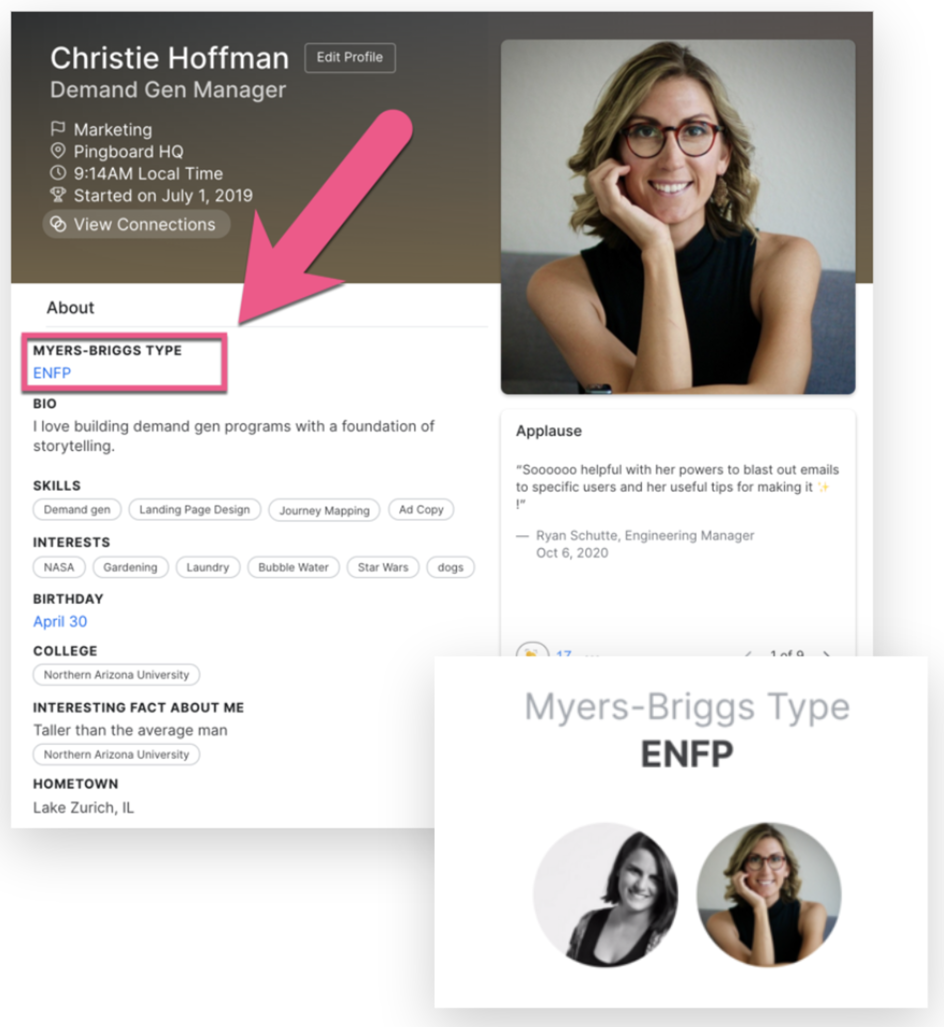 Pingboard profile of Christie highlighting that they and another person both have a Myers-Briggs Type of ENFP