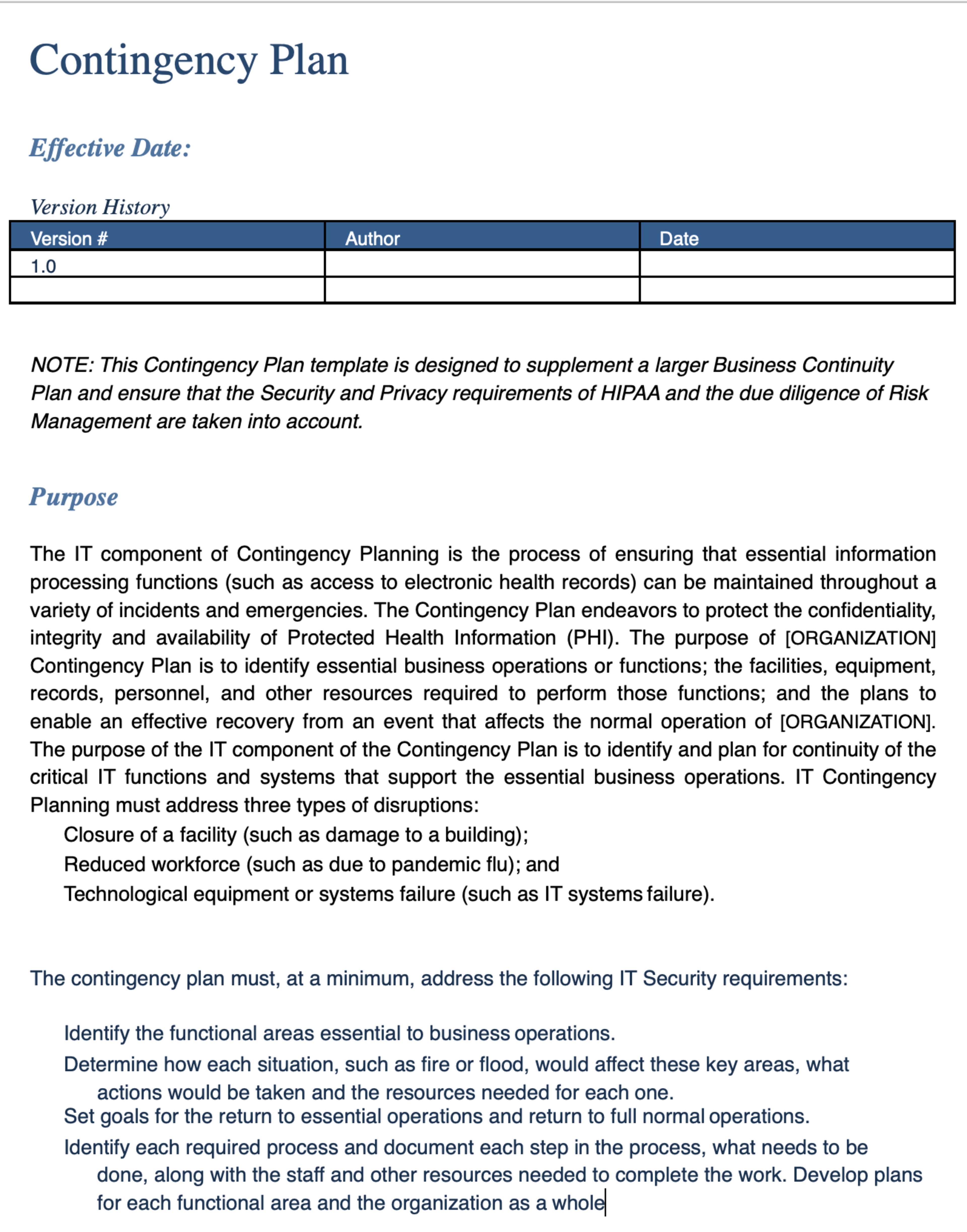 Business Contingency Plan Template