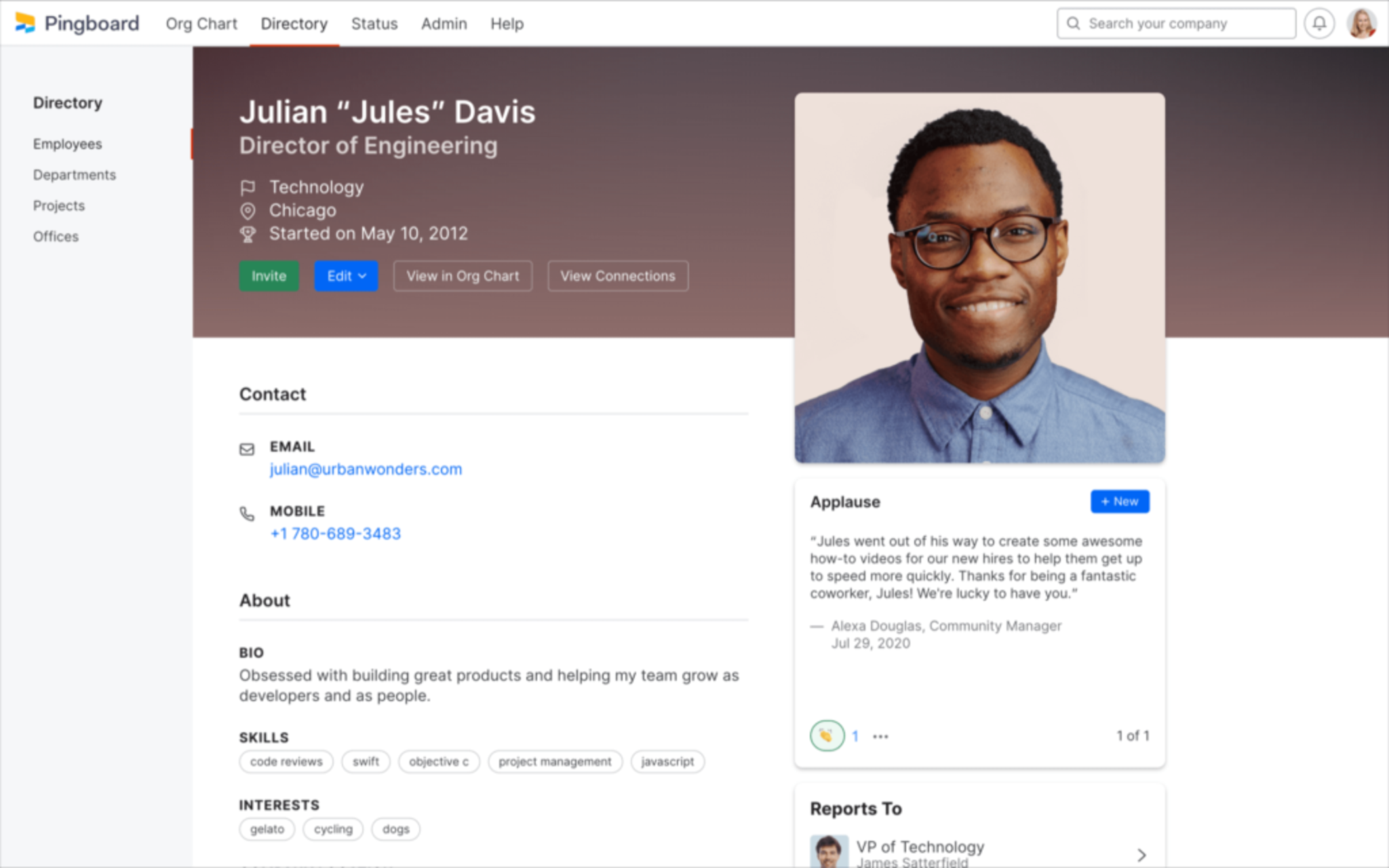 Pingboard profile of Julian, with headshot, contact info, bio, skills, interests, and an applause quote from a coworker
